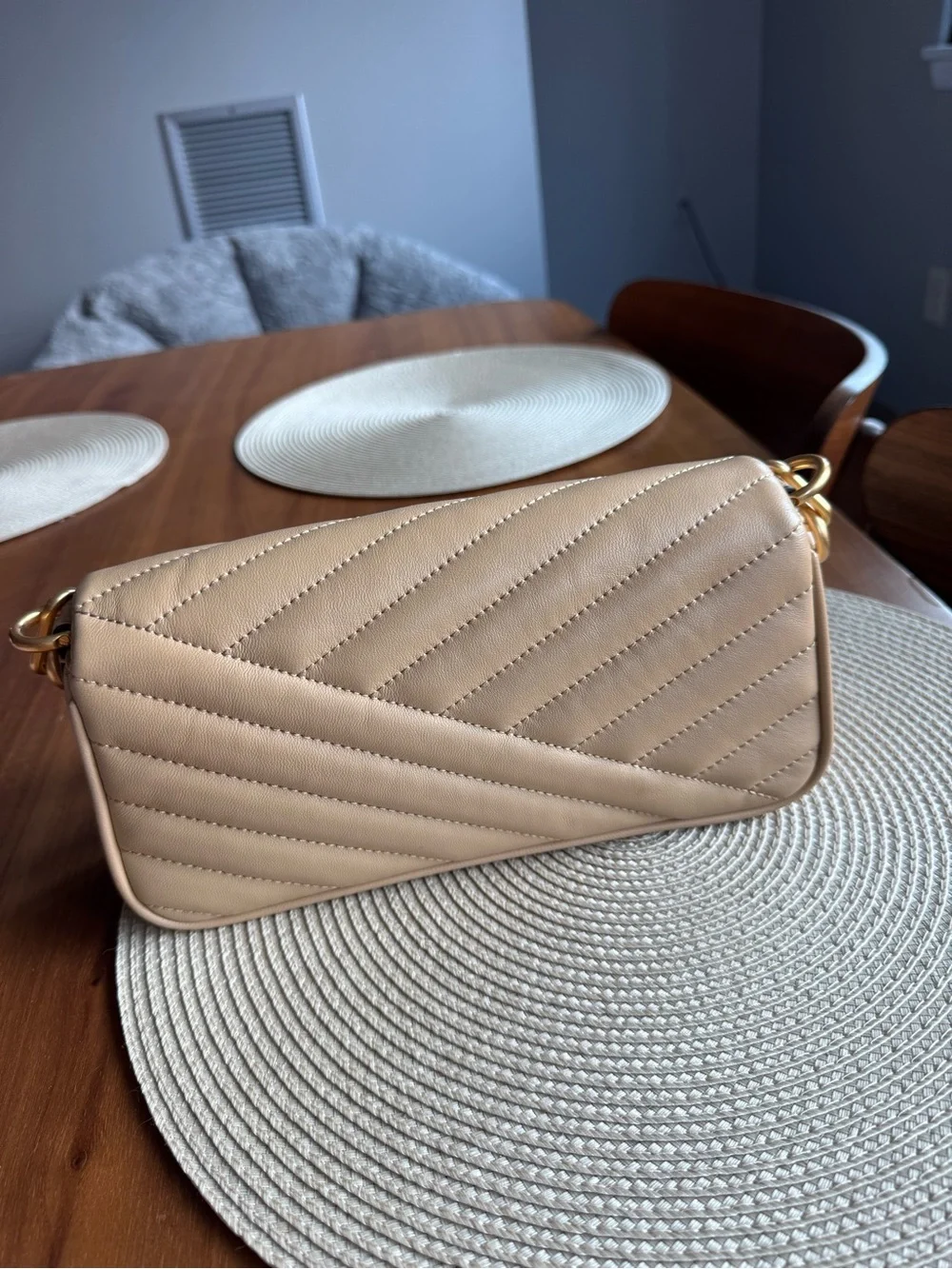 Tory Burch Beige Quilted Leather Shoulder Bag with Gold Logo